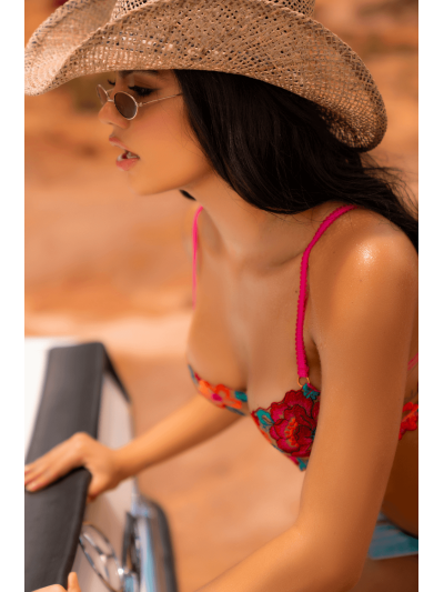 Ensemble 2 pièces résille brodée rose et bleue, soutien gorge et string 