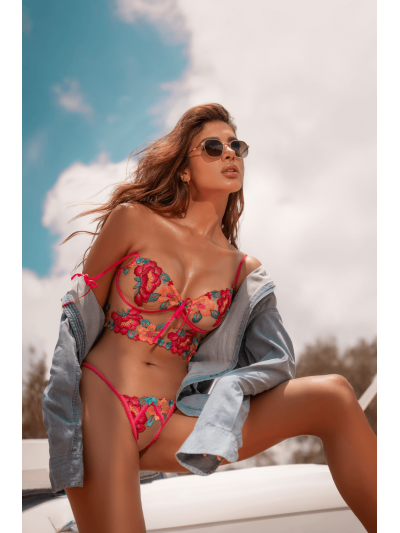 Ensemble 2 pièces brodé rose et bleu, bustier et string 