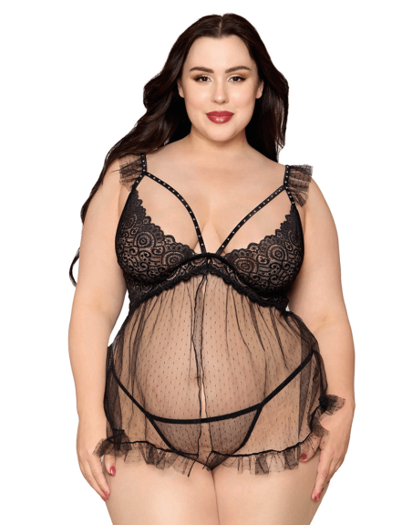 Babydoll grande taille noir et string assorti 