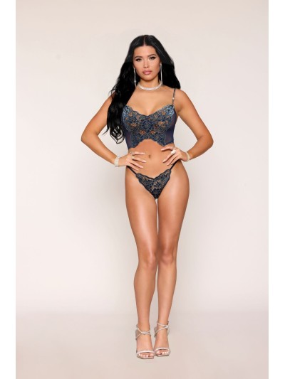 Bustier dentelle florale et résille avec strass et string assorti 