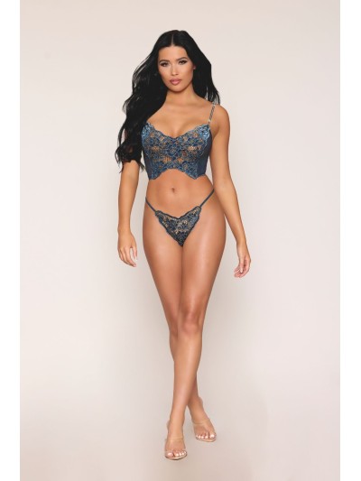 Bustier dentelle florale et résille avec strass et string assorti 