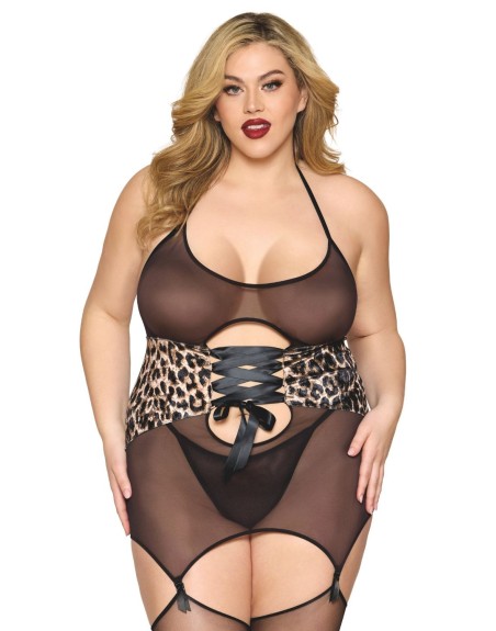 Guépière grande taille en fine résille avec serre taille à laçage et porte jarretelles 