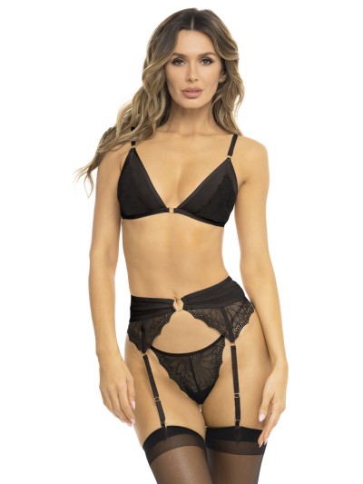 Ensemble 3 pièces noir, soutien gorge, porte jarretelles et string 