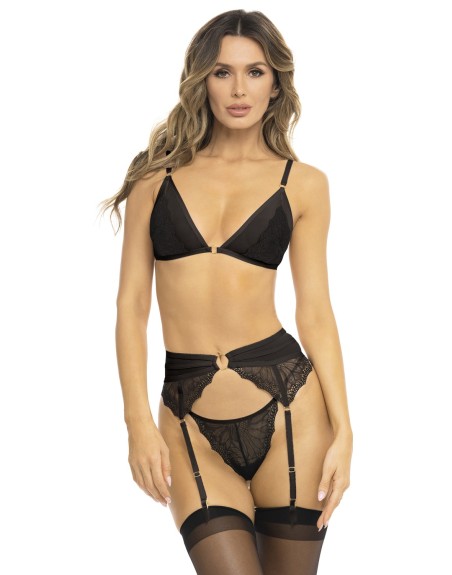 Ensemble 3 pièces noir, soutien gorge, porte jarretelles et string 