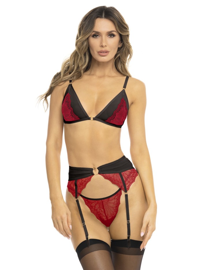 Ensemble 3 pièces rouge, soutien gorge, porte jarretelles et string 