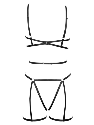 Ensemble 3 pièces soutien-gorge harnais, porte-jarretelles et string 