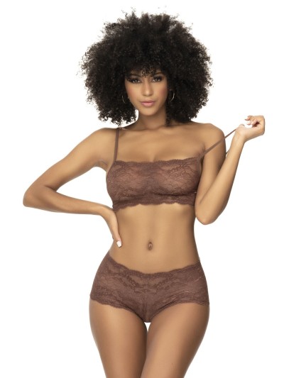 Ensemble 2 pièces en dentelle, top à bretelles et shorty couleur cacao 