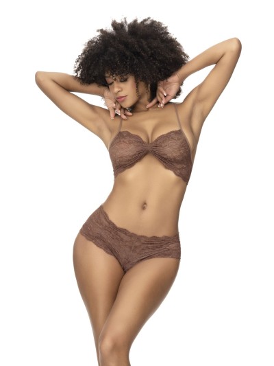 Ensemble 2 pièces, top et tanga en dentelle couleur cacao 