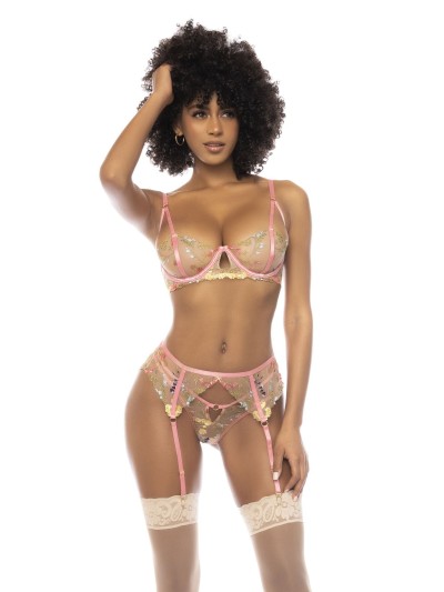 Ensemble 3 pièces avec dentelle brodée florale, soutien gorge avec armatures, porte jarretelles et string assorti 