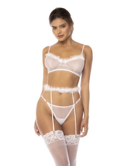 Ensemble 3 pièces blanc Emmie, soutien gorge, porte jarretelles avec fausse fourrure et string assorti 
