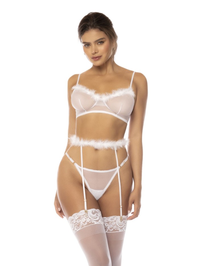 Ensemble 3 pièces blanc Emmie, soutien gorge, porte jarretelles avec fausse fourrure et string assorti 