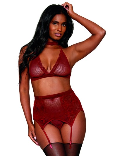Ensemble 4 pièces soutien gorge, tour de cou, string et porte jarretelles rouge 