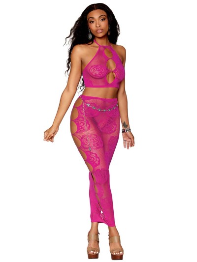 Ensemble Soutien-gorge et jupe longue en filet rose 