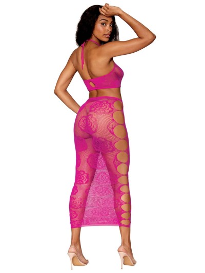 Ensemble Soutien-gorge et jupe longue en filet rose 