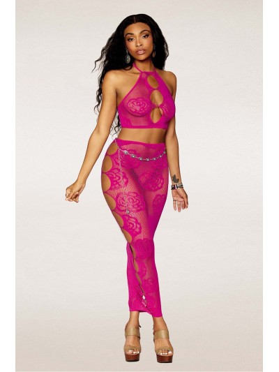 Ensemble Soutien-gorge et jupe longue en filet rose 