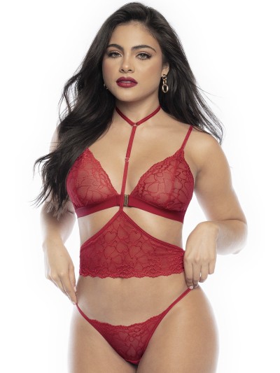 Ensemble lingerie trois pièces en dentelle rouge imprimée de cœurs 