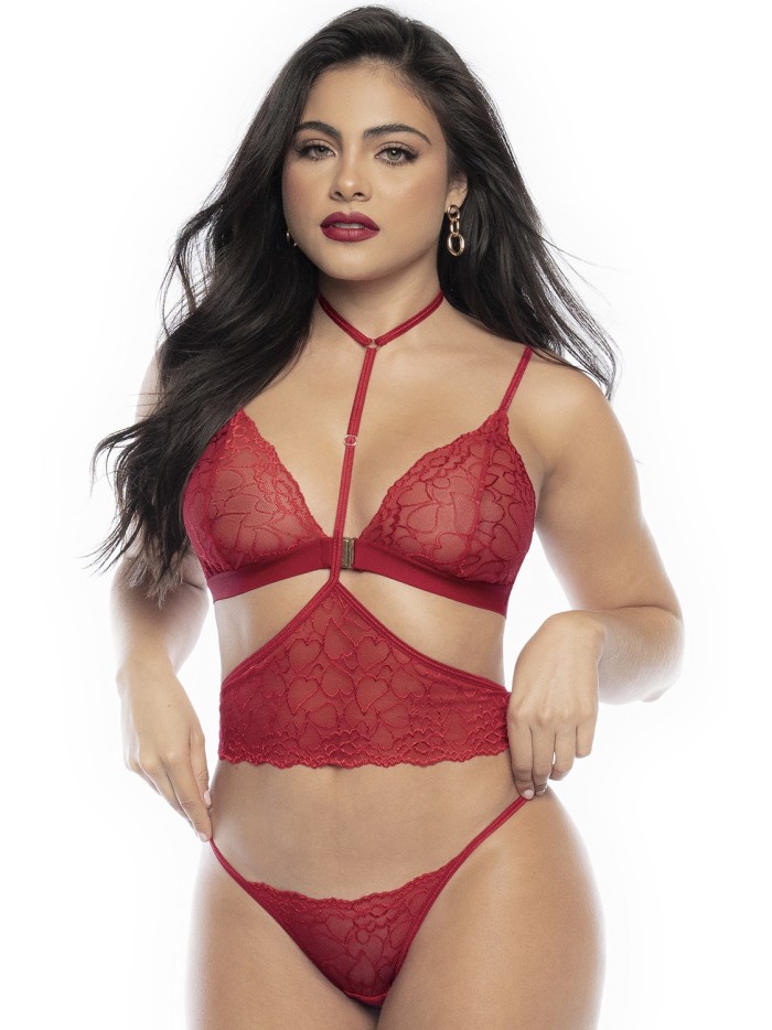 Ensemble lingerie trois pièces en dentelle rouge imprimée de cœurs 