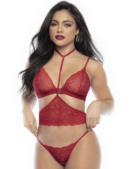 Ensemble lingerie trois pièces en dentelle rouge imprimée de cœurs 