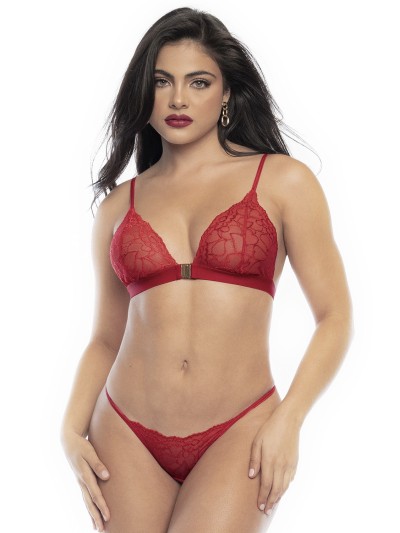 Ensemble lingerie trois pièces en dentelle rouge imprimée de cœurs 