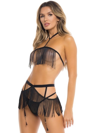 Ensemble 3 pièces noir comprenant haut à franges, jupette et string assorti 