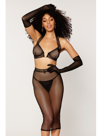 Ensemble 2 pièces, soutien gorge et jupe longue transparente noir 