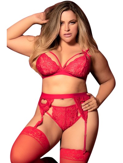 Ensemble 3 pièces rouge grande taille  soutien-gorge string porte-jarretelles 