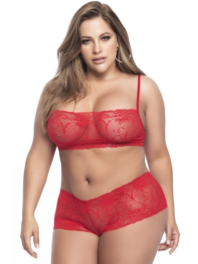 Ensemble lingerie, grande taille,  rouge top bustier et shorty dentelle   