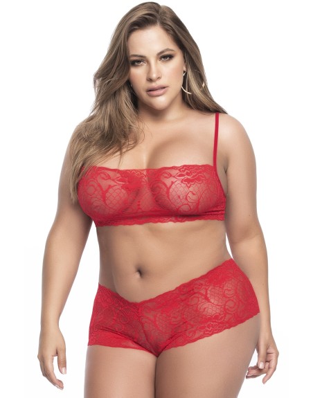 Ensemble lingerie, grande taille,  rouge top bustier et shorty dentelle   