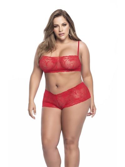 Ensemble lingerie, grande taille,  rouge top bustier et shorty dentelle   