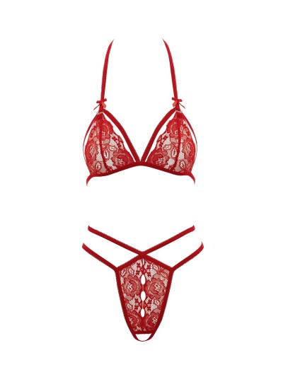 Soutien-gorge en dentelle rouge avec bonnets détachables et string 