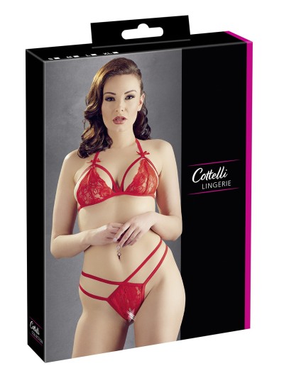 Soutien-gorge en dentelle rouge avec bonnets détachables et string 