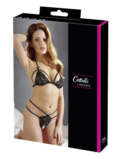 Soutien-gorge en dentelle noire avec bonnets détachables et string 