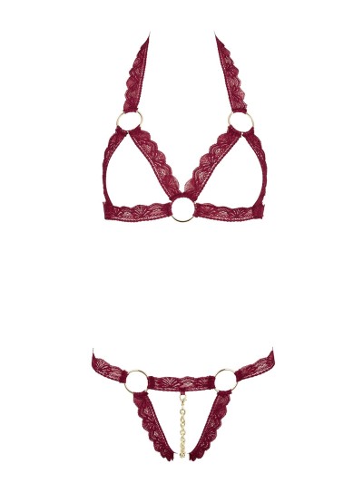 Soutien-gorge ouvert et string rouge à larges bandes sexy 