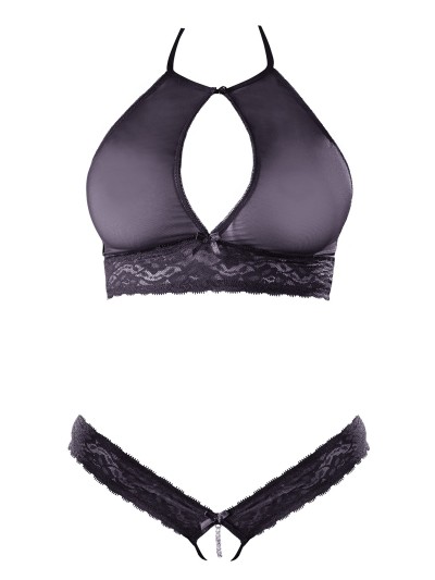 Soutien-gorge bandeau, en dentelle et résille noire et string ouvert 