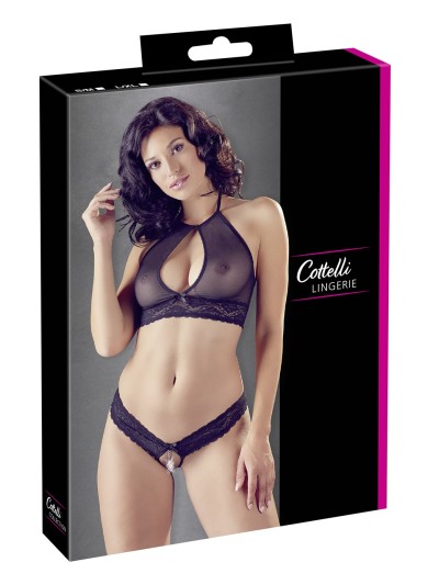 Soutien-gorge bandeau, en dentelle et résille noire et string ouvert 