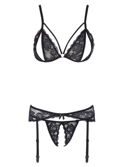 Ensemble trois pièces avec soutien-gorge fendu, porte-jarretelles et string noir 