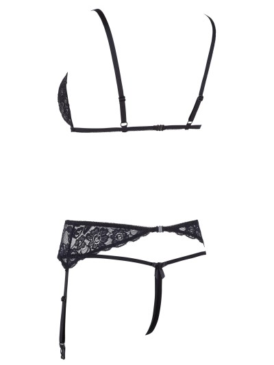 Ensemble trois pièces avec soutien-gorge fendu, porte-jarretelles et string noir 