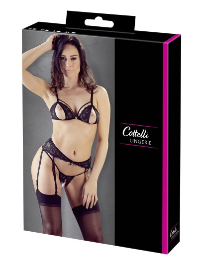 Ensemble trois pièces avec soutien-gorge fendu, porte-jarretelles et string noir 