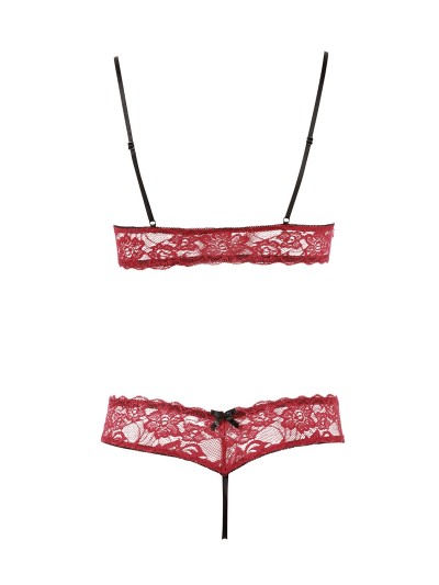 Soutien-gorge, bonnets ouverts, en dentelle rouge et string assorti 