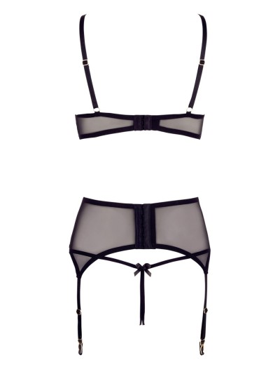 Soutien-gorge dentelle, porte-jarretelles et string ouvert noir 