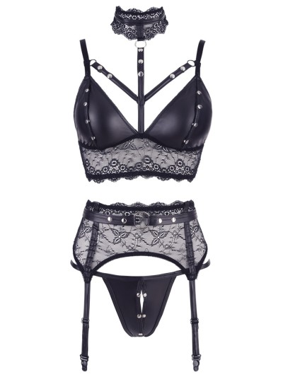 Ensemble soutien-gorge, porte jarretelles et culotte noir sexy 