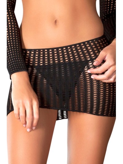 Ensemble noir top court manches longues et mini-jupe ajourés 