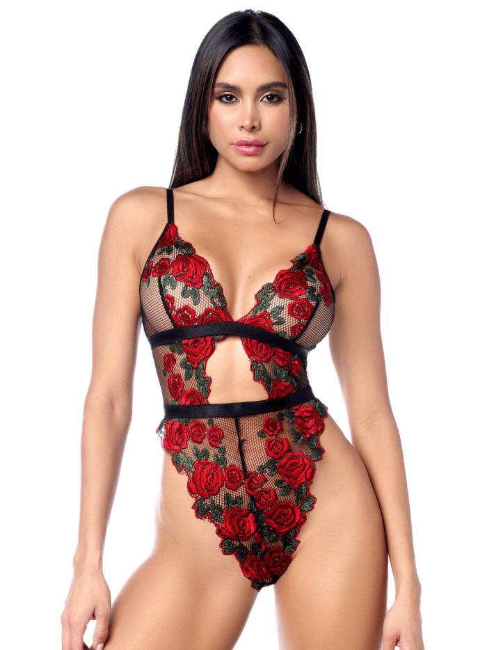 Teddy taille haute en résille noire brodée de roses avec ceinture 
