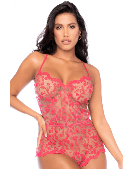 Combishort en dentelle transparente couleur cerise 