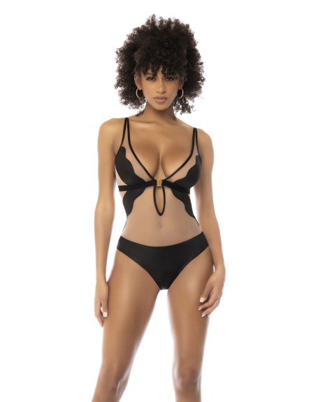 Body Flora noir et chair, avec une fine résille transparente, bretelles ajustables 