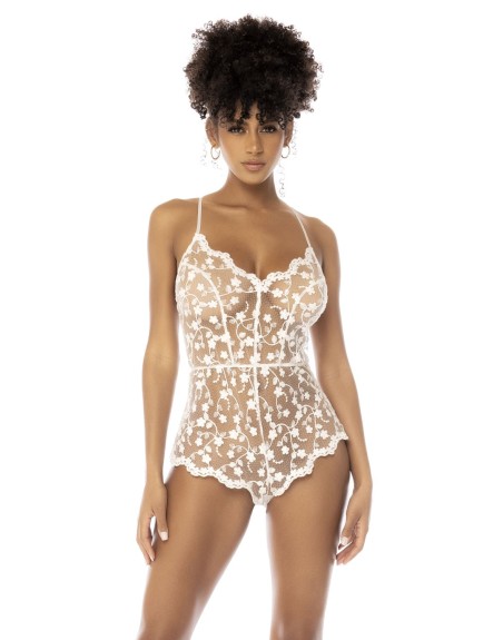 Body blanc transparent Celina avec dentelle brodée florale, bretelles ajustables 