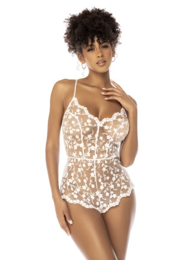 Body blanc transparent Celina avec dentelle brodée florale, bretelles ajustables 