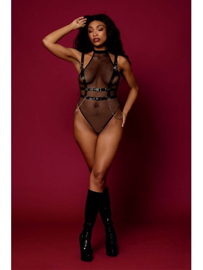 Body en résille avec Harnais simili cuir et chaines 