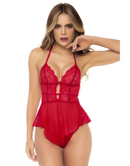 Body rouge effet babydoll et string assorti 