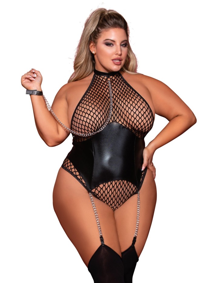 Body grande taille large résille et porte jarretelle simili cuir avec chainettes 